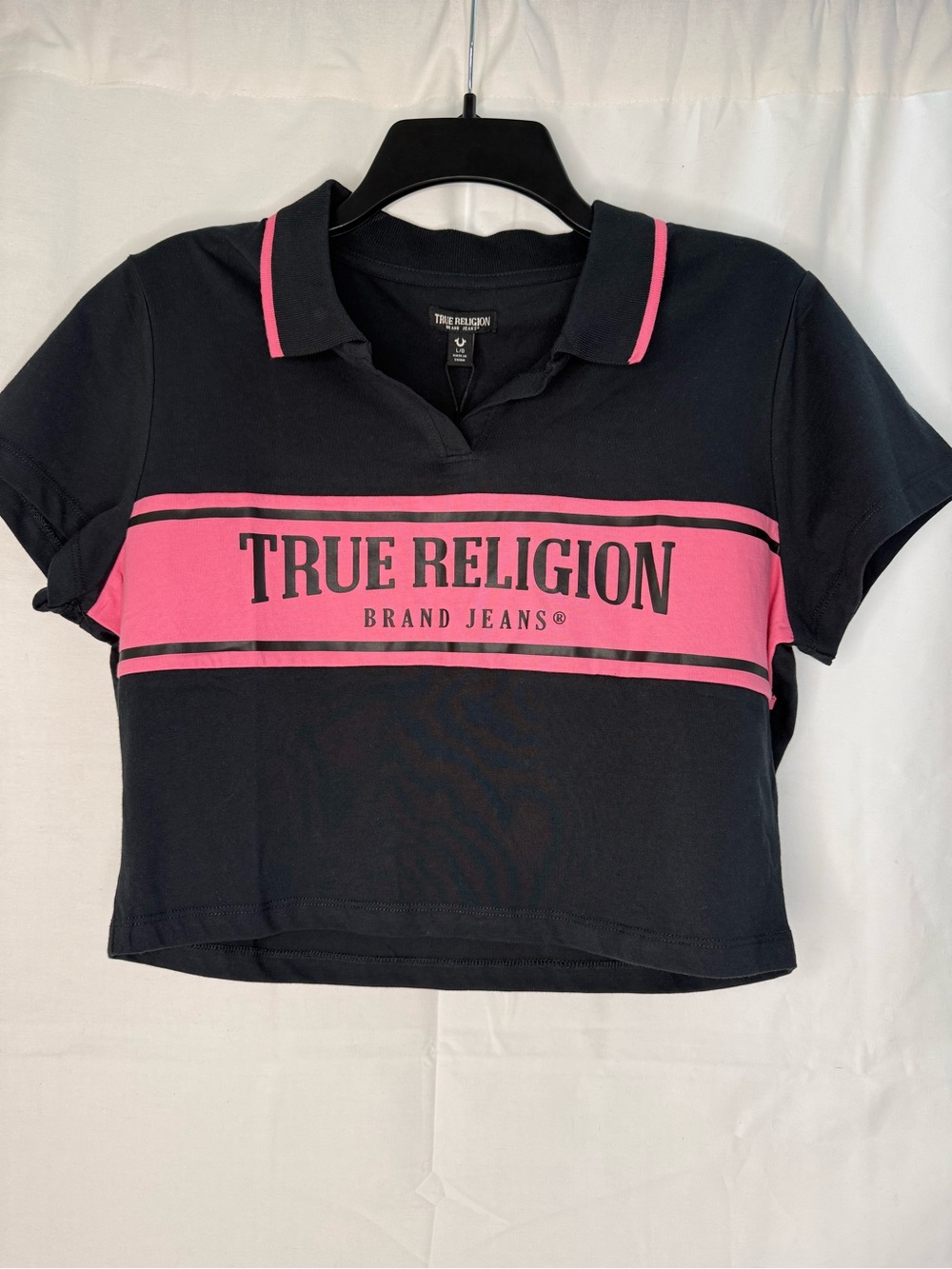 True Religion Black Pink Colorblock Logo Cropped Polo Shirt Women's L